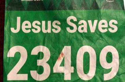 Man wearing jesus Saves bib saved by nurse named Jesus