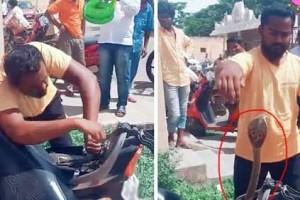 WATCH VIDEO: Man takes out a DANGEROUS SNAKE from bike