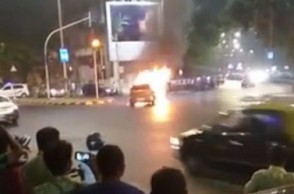 WATCH: Moving Indica car catches fire on busy road