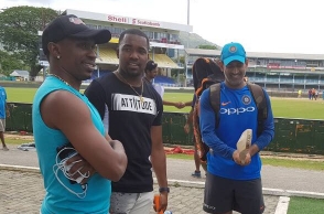 Indian team gets a surprise visit from Dwayne Bravo
