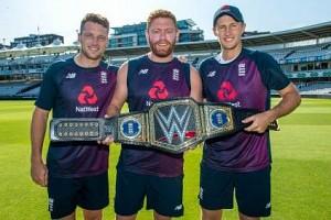 England Star Cricketers receive ‘Special WWE Belt’ from World Champion