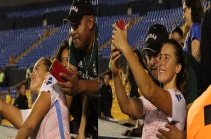 Football fan grabs football star Sofia\'s breast in Selfie