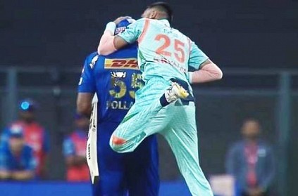 LSG Krunal Pandya kisses MI Pollard\'s head after taking his wicket