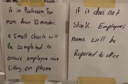 Employees taking long breaks to have \'smell check\', bathroom sign