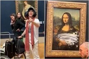 Man disguised as old woman smears cake on Mona Lisa painting - details!