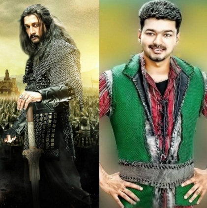 Cutouts for both Vijay and Sudeep in Bangalore for Puli release Cutouts for both Vijay and Sudeep in Bangalore for Puli release