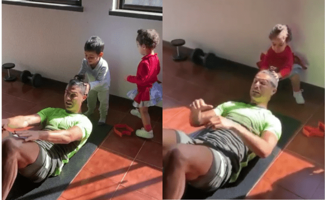 Cristiano Ronaldo works out with his children around