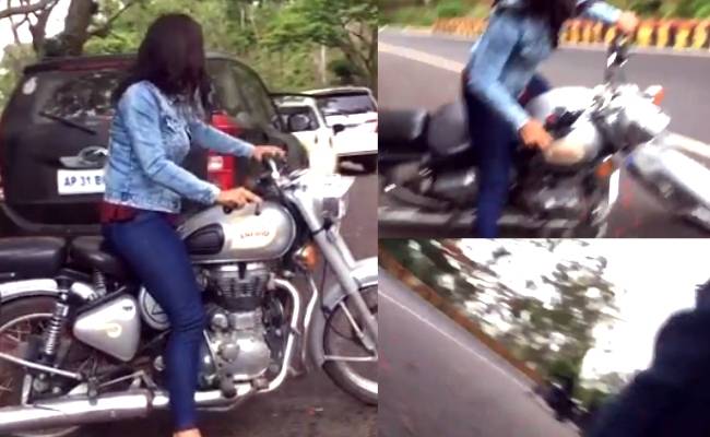 Heroine rides a bullet for the first time while shooting and falls off, viral video ft Shraddha Srinath