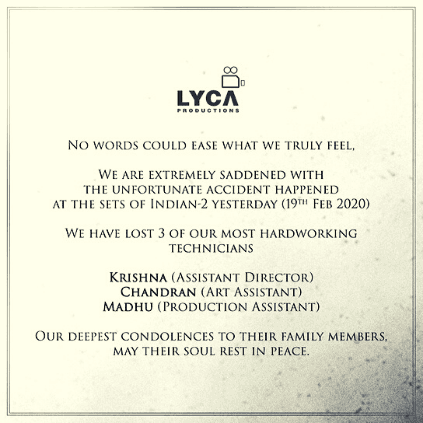 Kamal and Shankar's Indian 2 accident, Lyca shares the technicians who lost their lives