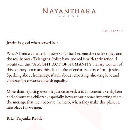 Lady Superstar Nayanthara issues statement on Telangana encounter related to doctor rape and murder