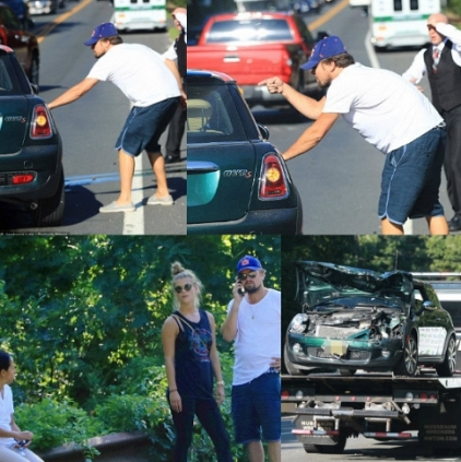 Leonardo DiCaprio and his girlfriend Nina Agdal escape a minor accident