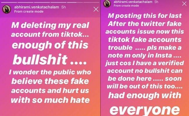 Popular Bigg Boss Tamil 3 star deletes her original tik tok account due to fake accounts | Abhirami Venkatachalam