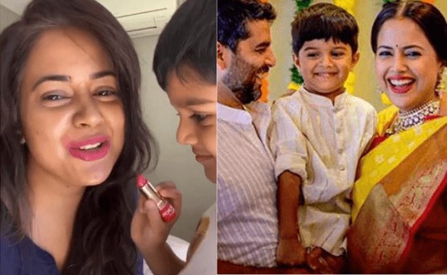 Video of Sameera Reddy's son applying lipstick on her goes viral!