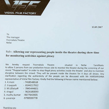 Vishal sends three people from VFF to many theaters to monitor piracy issues