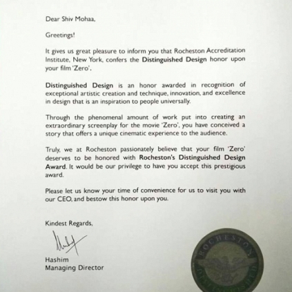 Zero movie honored with Distinguished Design award