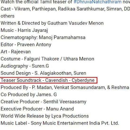 The teaser's soundtrack is not composed by Harris Jayaraj