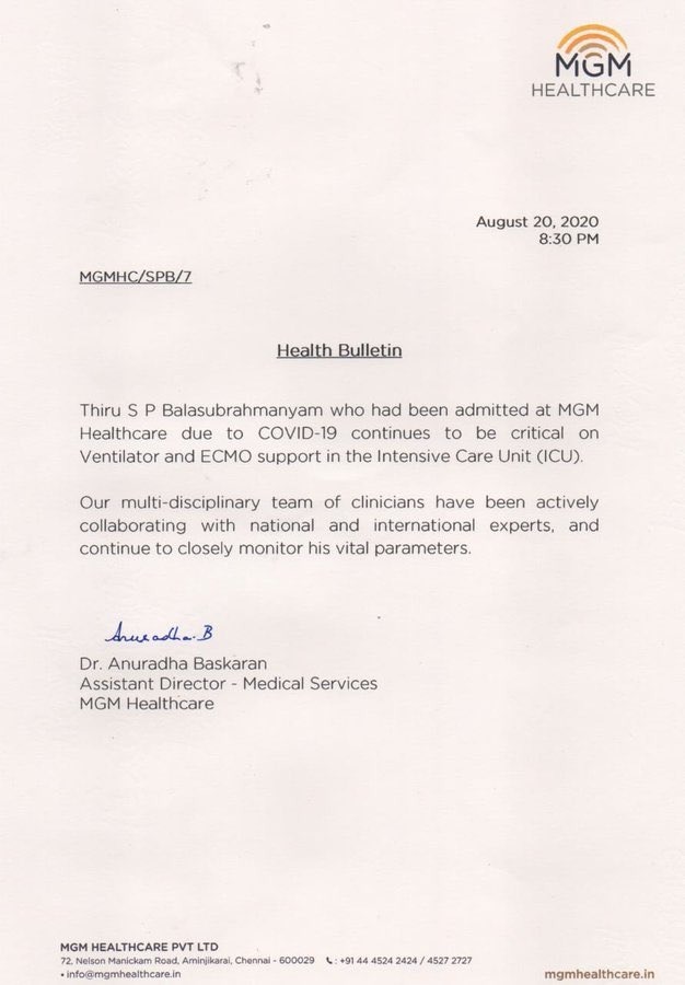 SP Balasubrahmanyam critical On ventilator and ECMO support