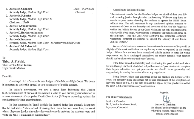 6 former Madras High Court judges support Suriya in the NEET Controversy