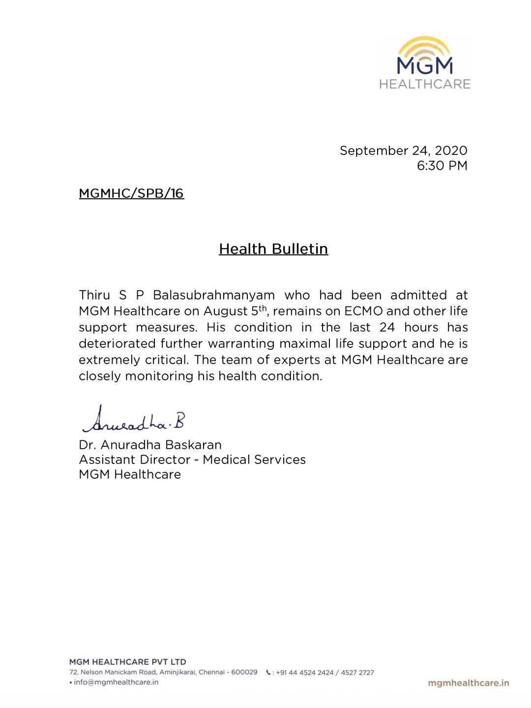 SPB's health condition deteriorates extremely critical says