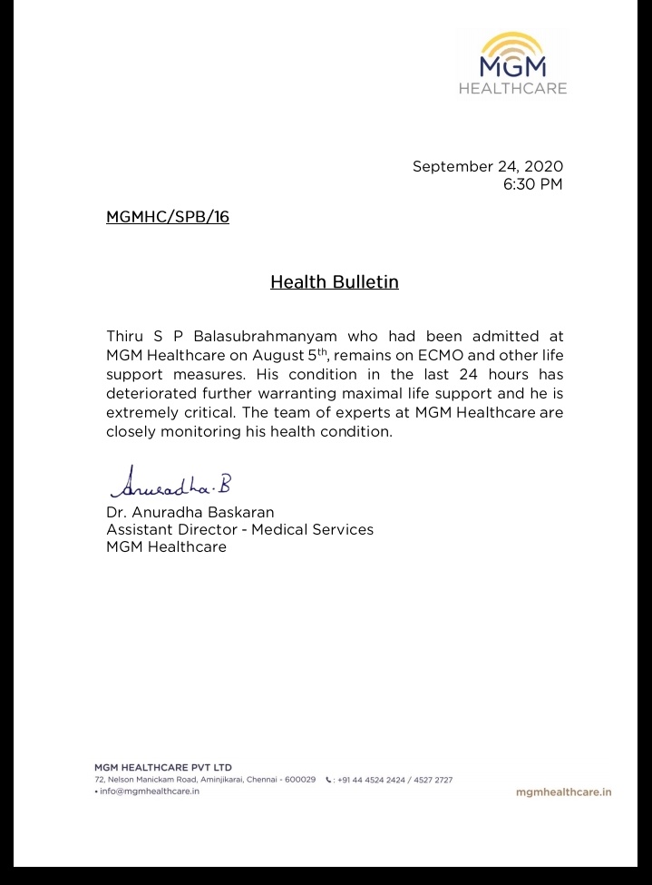 spbalasubrahmanyam health condition extremely critical reports