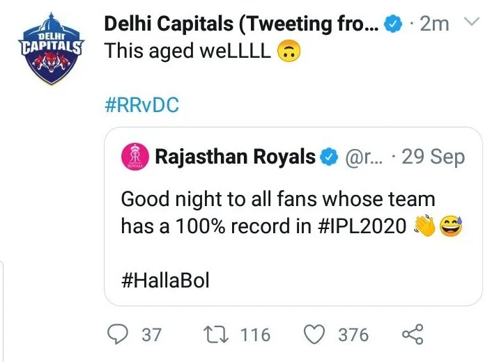 delhi capitals mock rajasthan royals with old tweet after win
