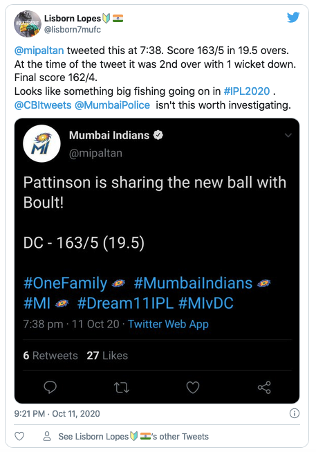 mumbai indians tweet sparks match fixing rumors tweet deleted