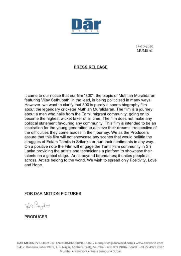 Muttiah Muralitharan’s biopic 800 makers issue statement on ShameOnVijaySethupathi controversy