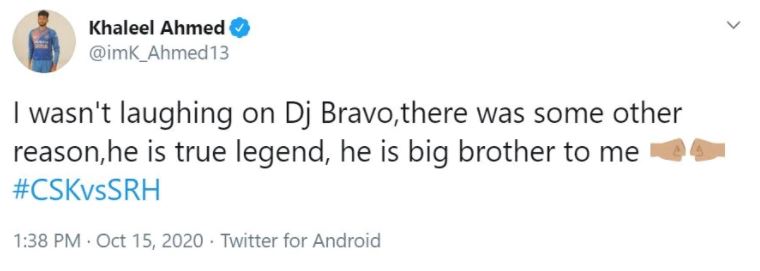Khaleel Ahmed tweet about arrogant send off Bravo dismiss was deleted