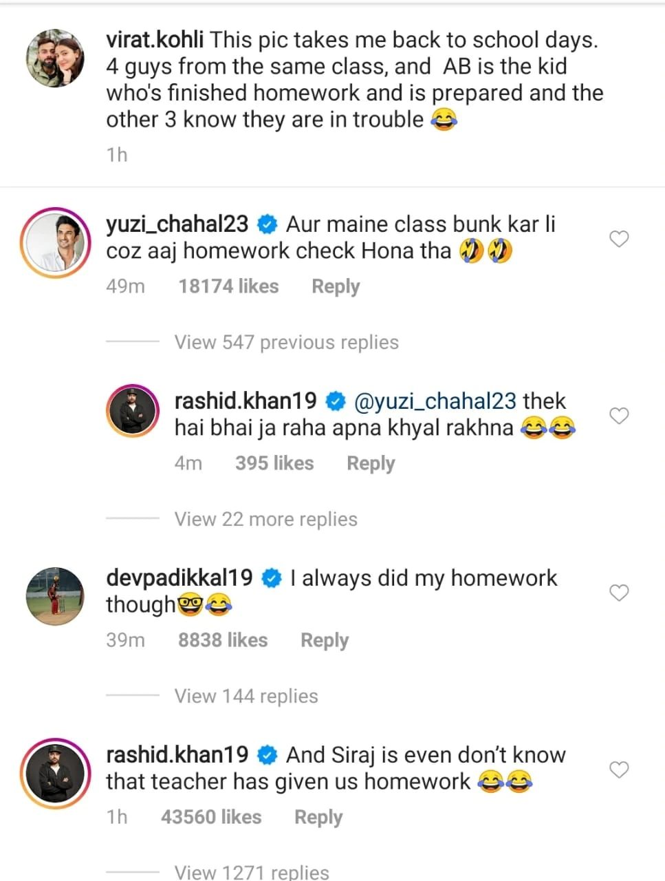 viratkohli chahal rashid engage inbanter over rcb schooldays post