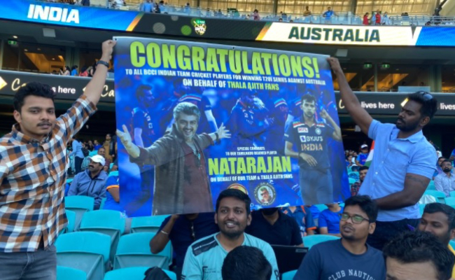 நடராஜனுக்கு அஜித் ரசிகர்கள் வாழ்த்து | ajith fans appreciation for natarajan in india match