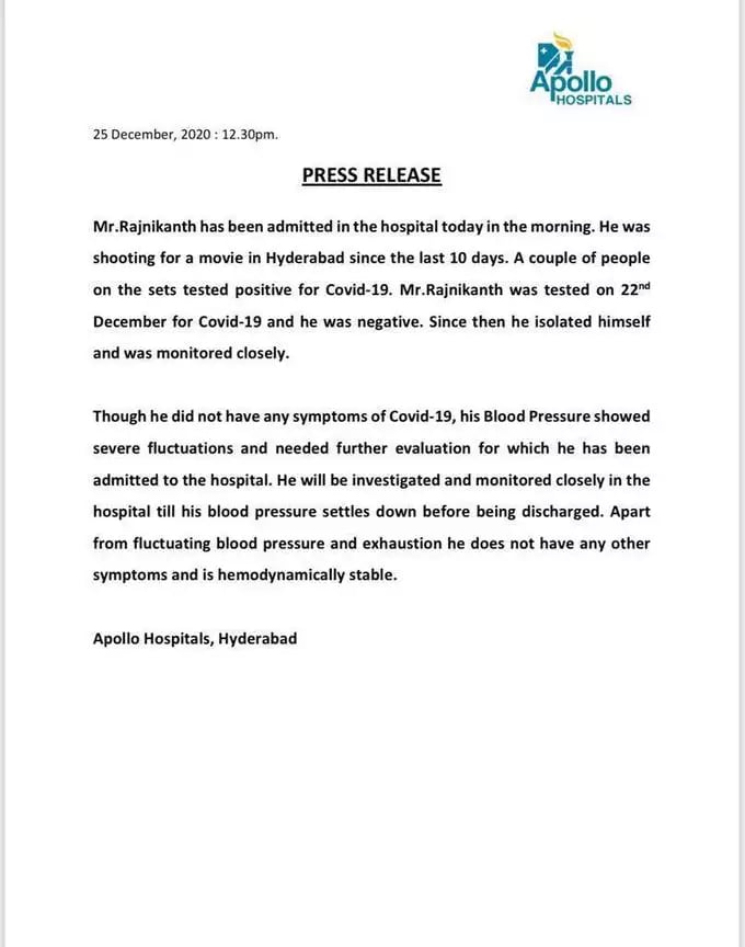 Rajinikanth admitted Hyderabad Apollo hospital releases press note