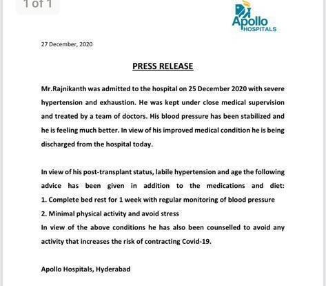Rajinikanth recovers Hospital press release regarding discharge