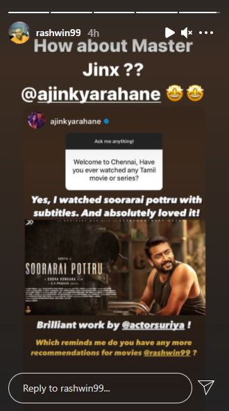 Ashwin refer Master movie to Rahane after he praises Soorarai Pottru