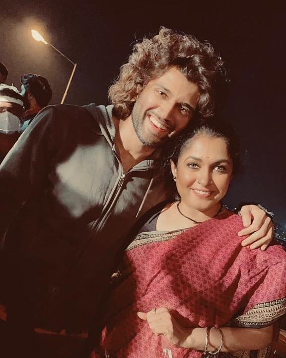 Vijay Deverakonda with Ramya Krishnan from Liger sets