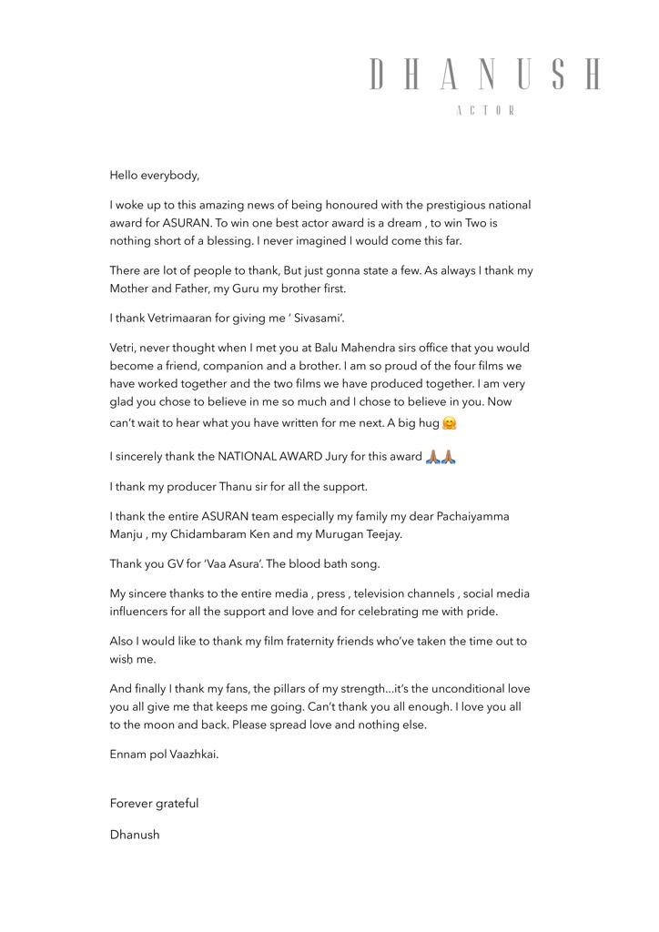 Dhanush’s official statement after his National Award win for Asuran directed by Vetrimaaran