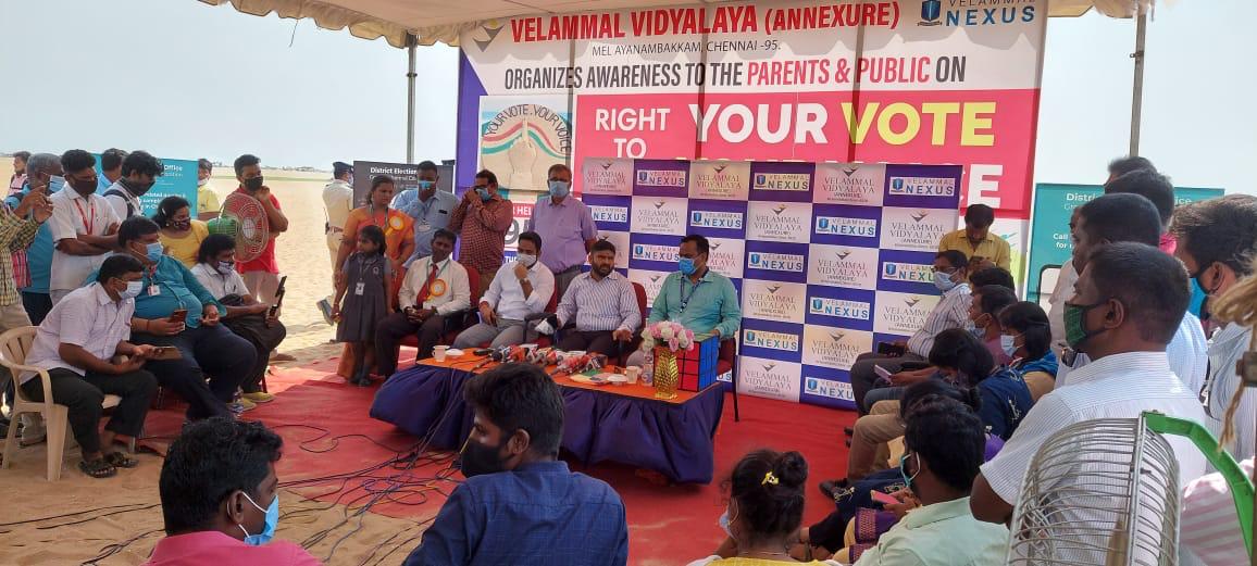 VELAMMAL STUDENTS CREATED ELECTION AWARENESS THROUGH SAND ART