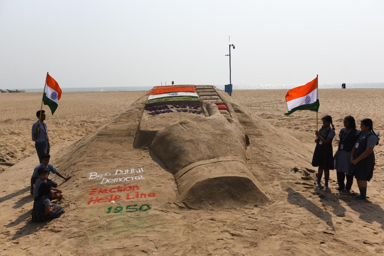 VELAMMAL STUDENTS CREATED ELECTION AWARENESS THROUGH SAND ART