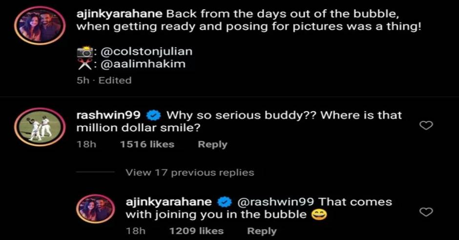 Why so serious buddy? Ashwin comment on Rahane's Instagram post