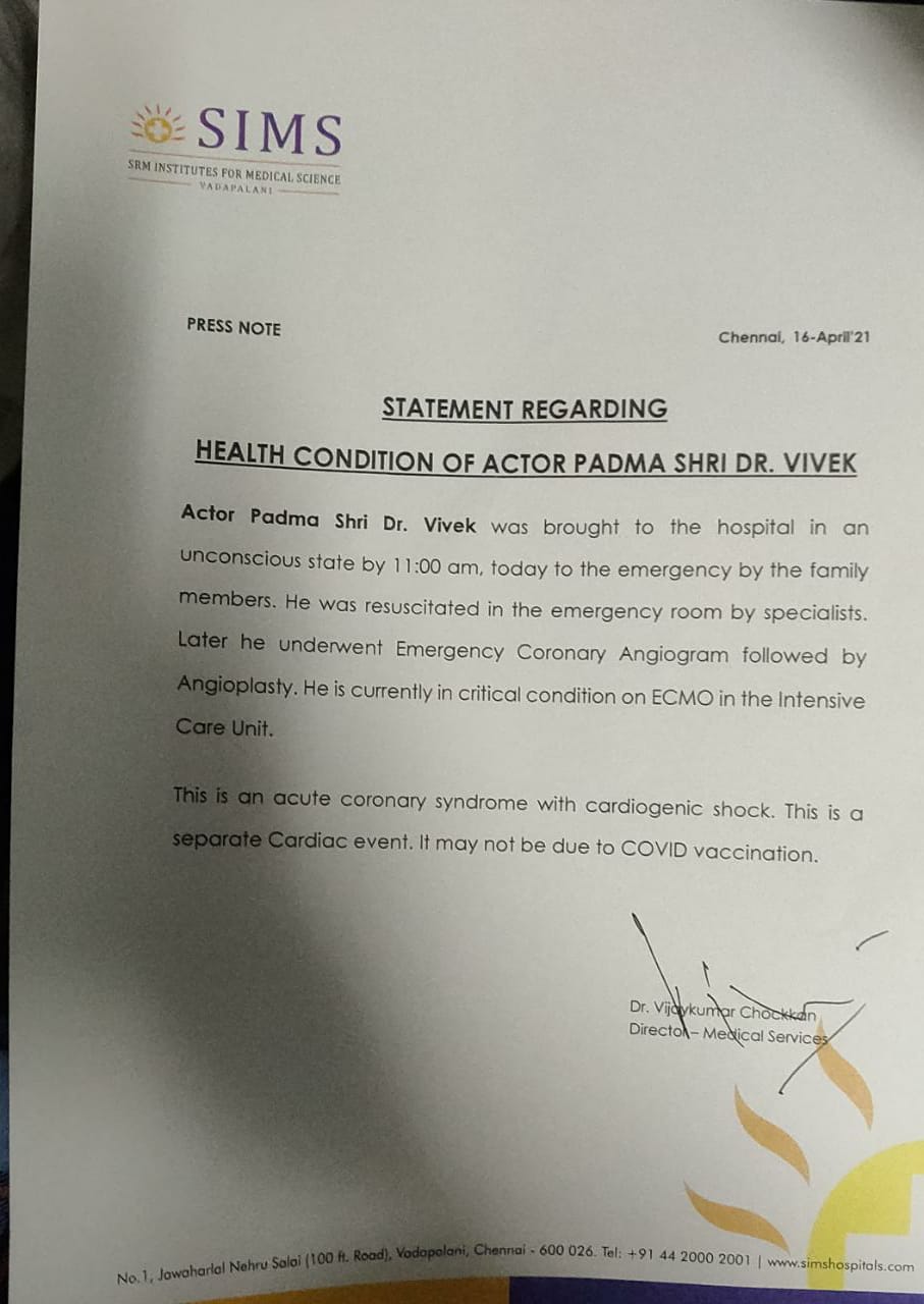 Doctors release bulletin on actor Vivekh health