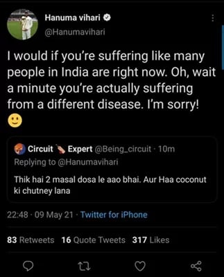 hanuma vihari hits back at a troll in twitter gone viral