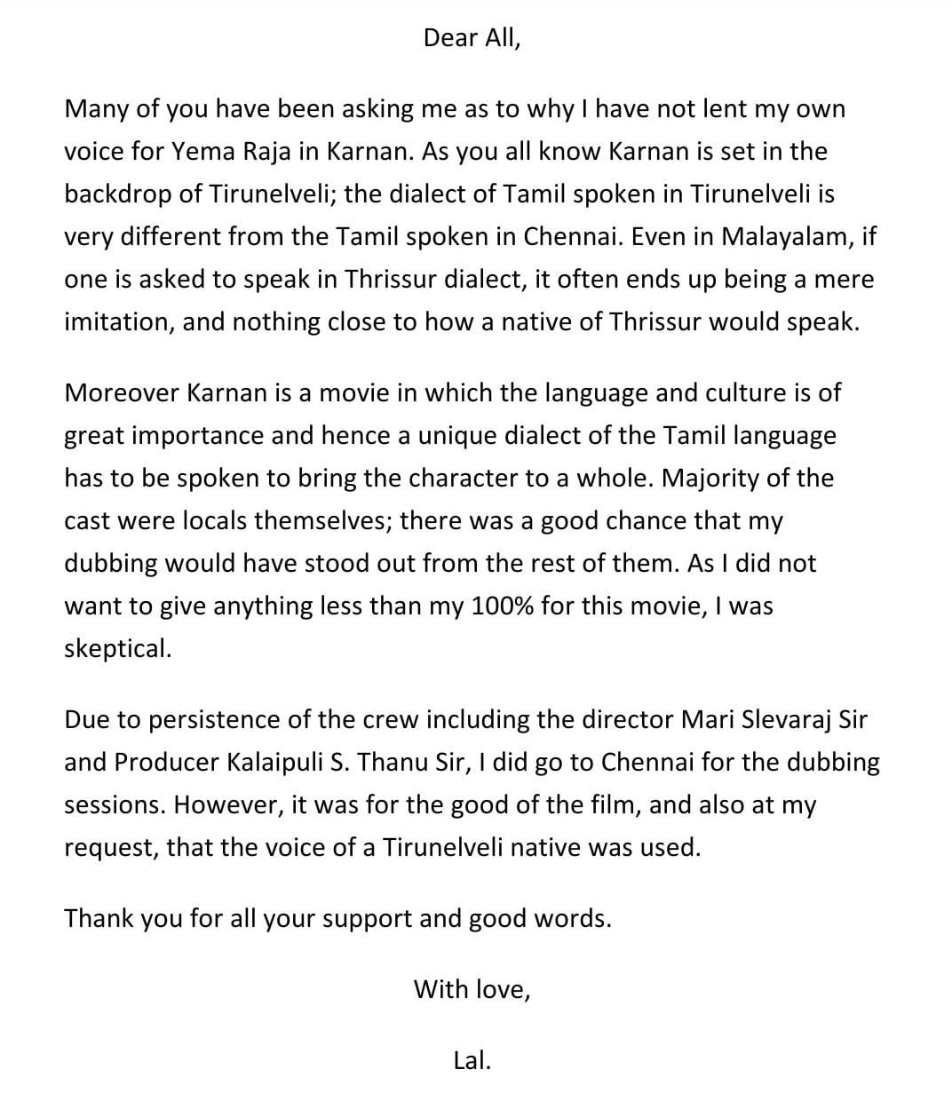 Dhanush's Karnan actor Lal shares an important clarification about his role - Statement here!