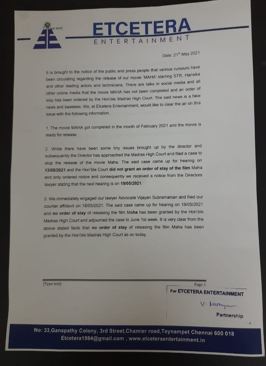 Producer issues official clarification regarding STR and Hansika’s Maha controversies