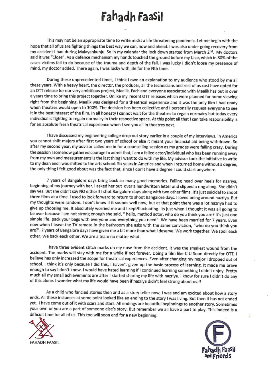 Fahadh Faasil's emotional statement after his recent accident, Nazriya and Maalik