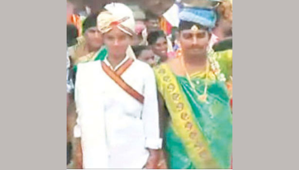 bride as groom, groom wear saree in prakasam Andhra Pradesh
