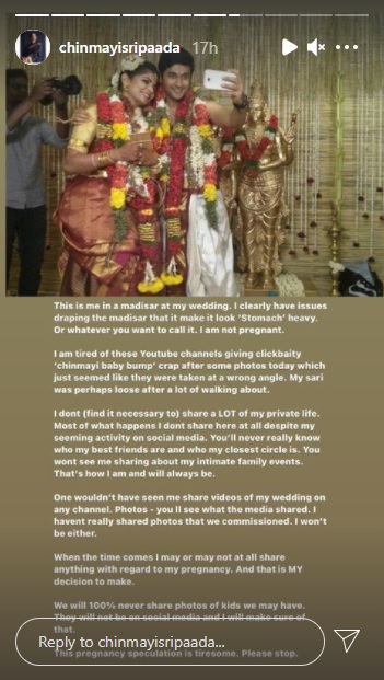 Singer Chinmayi issues a strong statement regarding her pregnancy rumours