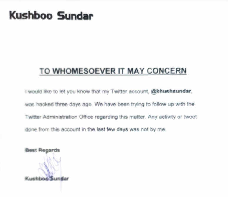 Khushbu Sundar's Twitter account hacked again! What happened