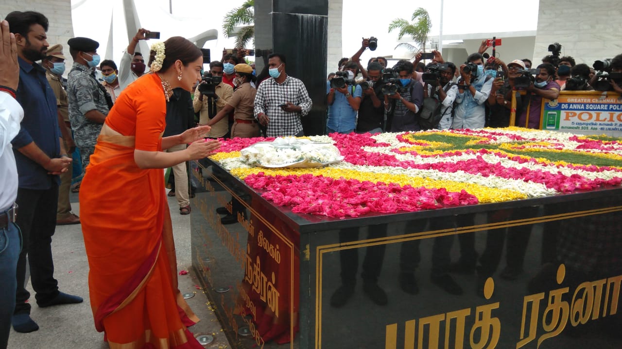 Wow! - 'Thalaivi' actress Kangana Ranaut visits Jayalalithaa memorial in Chennai