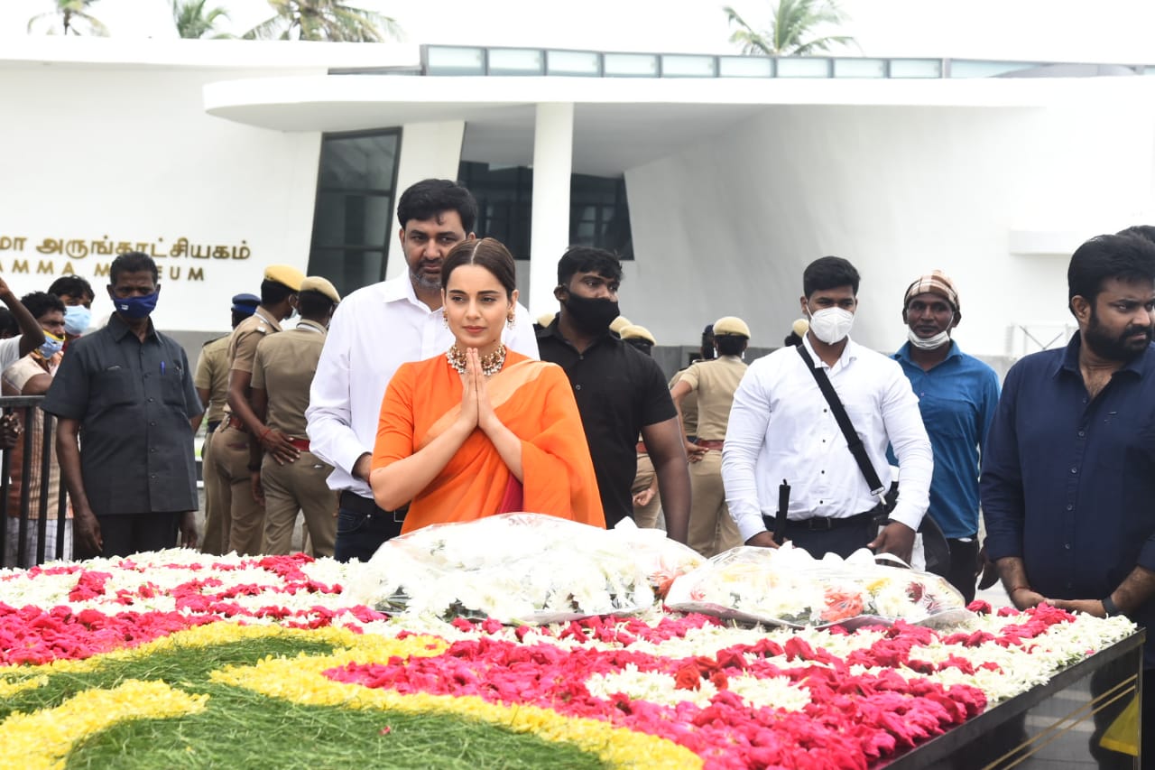 Wow! - 'Thalaivi' actress Kangana Ranaut visits Jayalalithaa memorial in Chennai