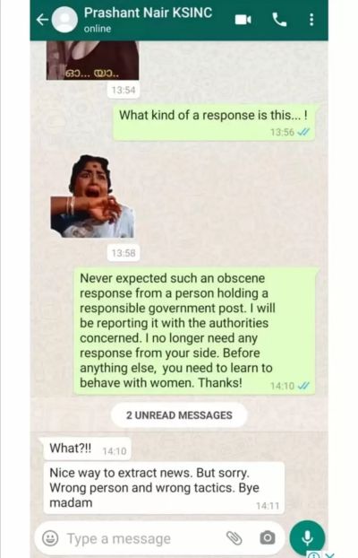 IAS officer in Kerala abusive whatsapp female journalist