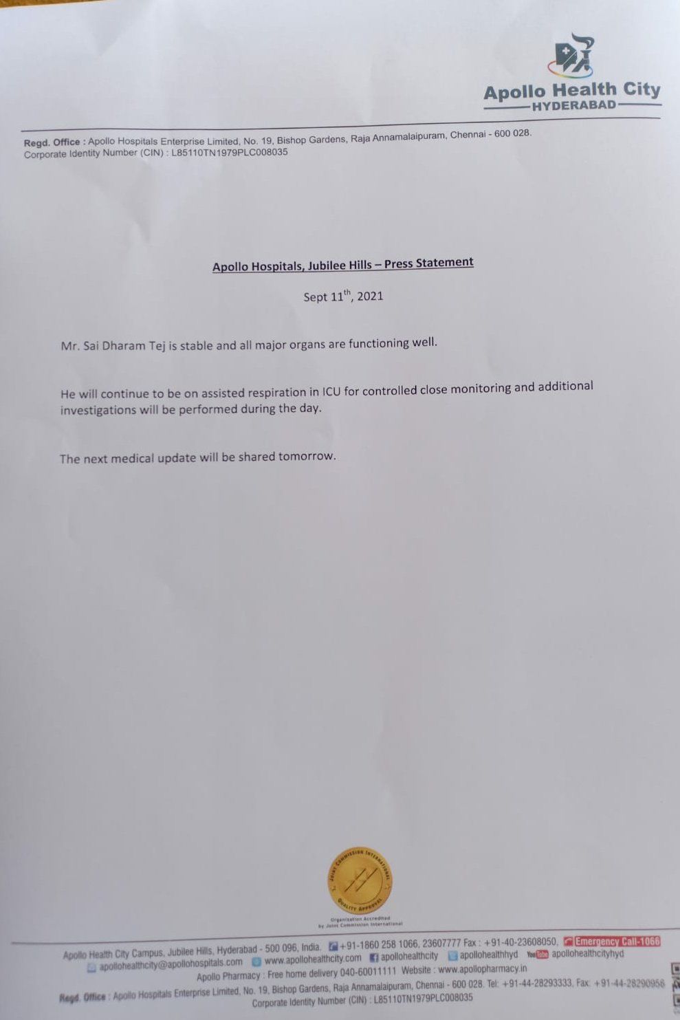 Actor Sai Dharam Tej meets with a serious bike accident